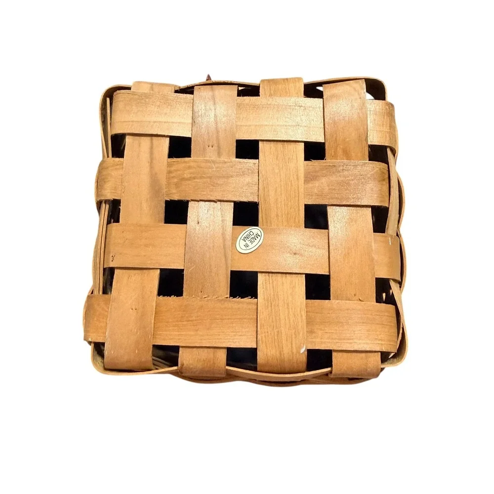 Americana Woven Wood Basket Stars Checkerboard Primitive Country Decor 8in
